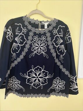 Cato Navy Blue Embroidered Floral Long-Sleeve Blouse
